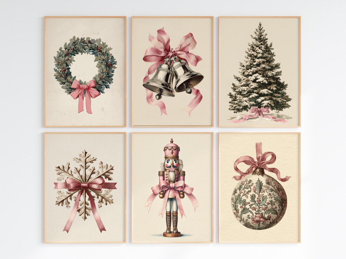 Vintage Pink Christmas Wall Art Set, Holiday Decor