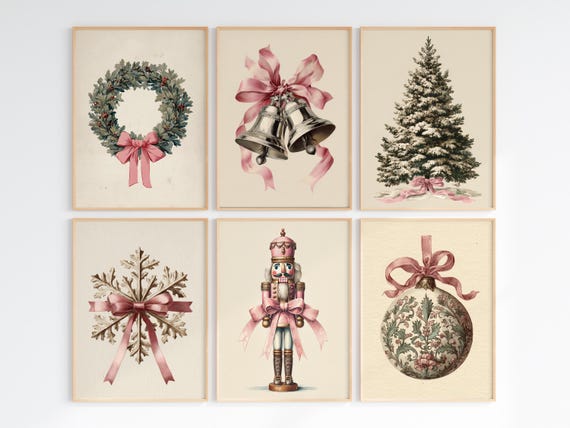 Vintage Pink Christmas Wall Art Set, Holiday Decor