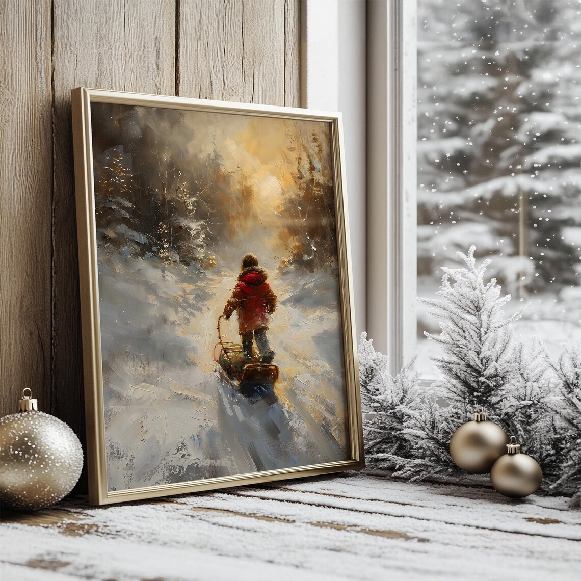Child With Sled Art Print, Cozy Winter Forest