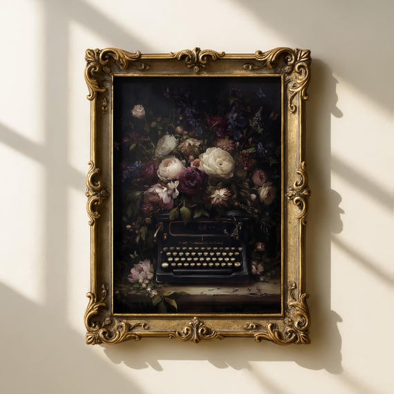 Flower Typewriter Dark Academia Wall Art Moody Botanical Print Vintage Floral Decor For Home