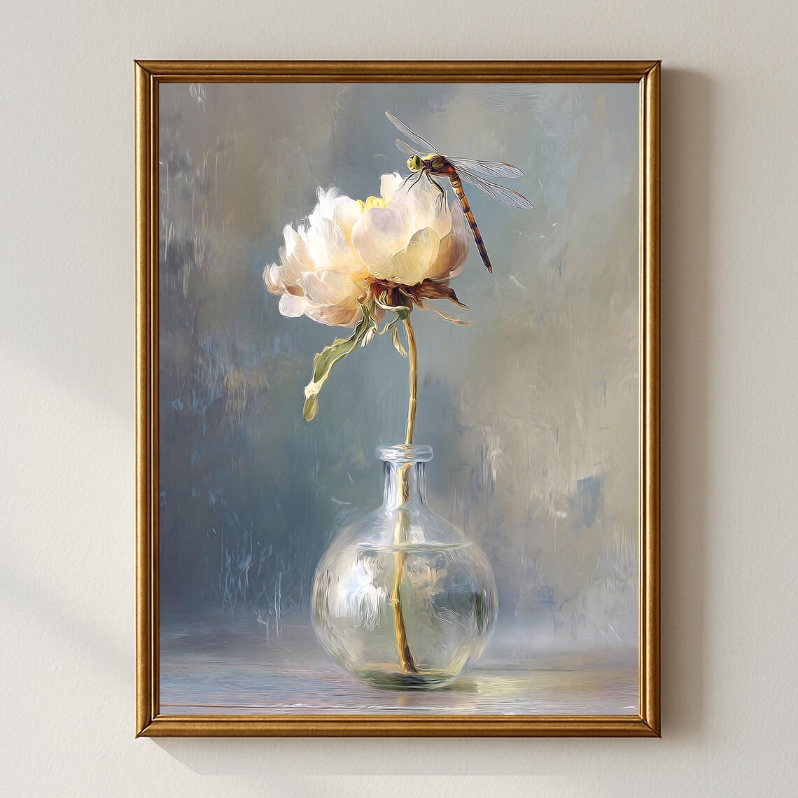 Dragonfly On Bloom In Glass Vase, Art Print
