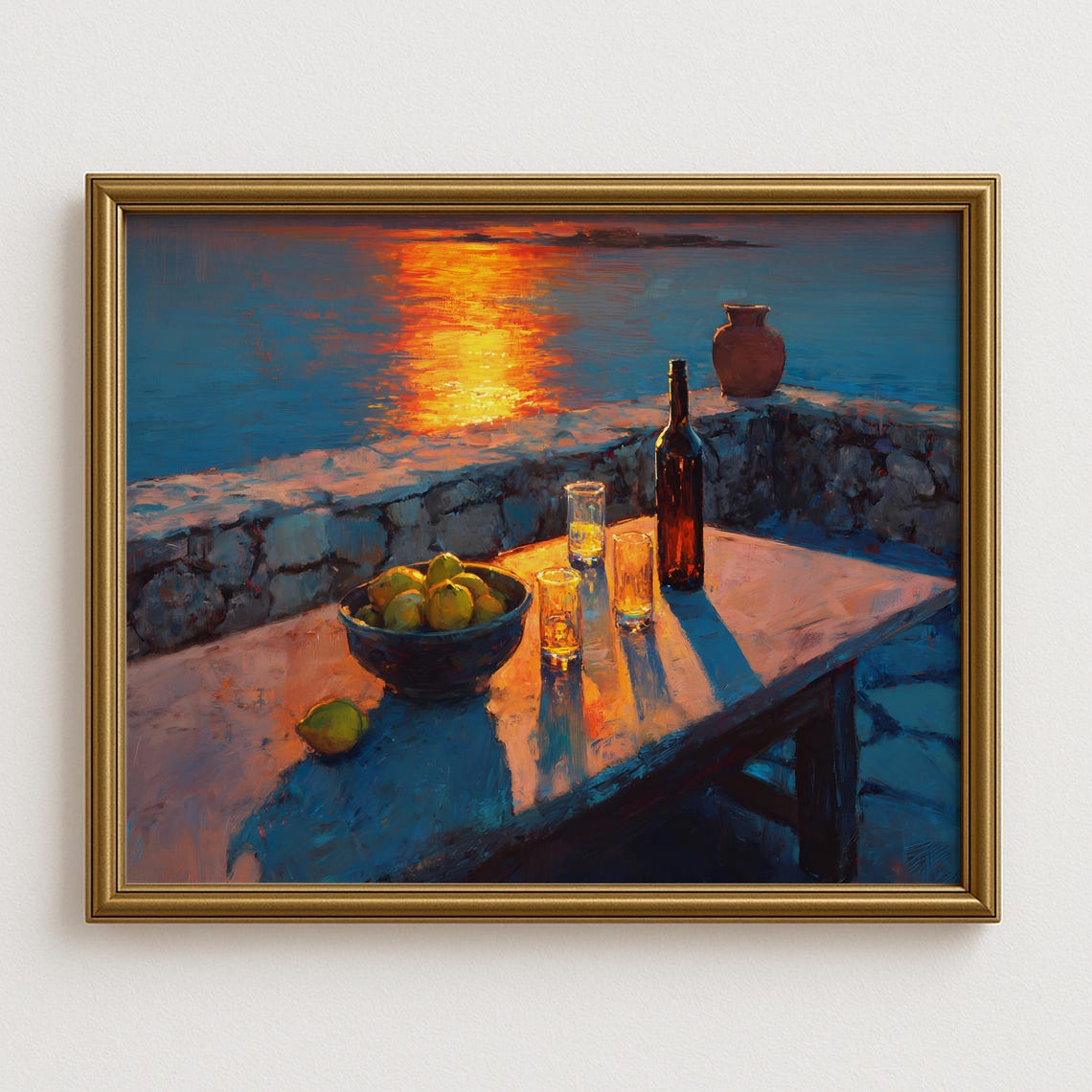 Mediterranean Sunset Seaside Table Wine Bottle And Lemons Poster