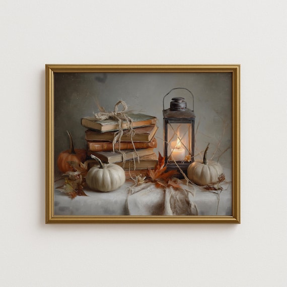Autumn Books And Candle Oil Painting Cozy Fall Wall Art Rustic Pumpkin Still Life Print Vintage Lantern Decor Thanksgiving