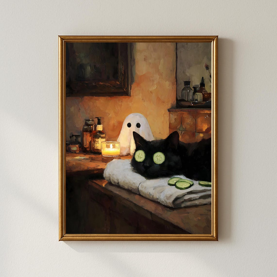 Black Cat Relaxing Spa Day Cucumber Eyes Cute Ghost Halloween Poster