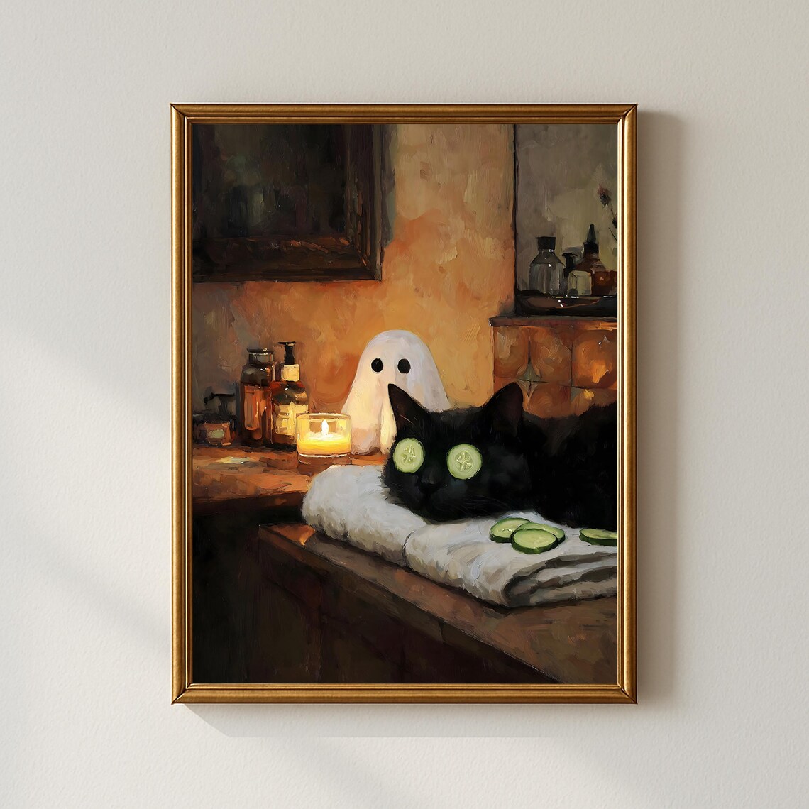 Funny Halloween Wall Art Spa Day Bathroom With Black Cat And Cucumbers Whimsical Spooky Cute