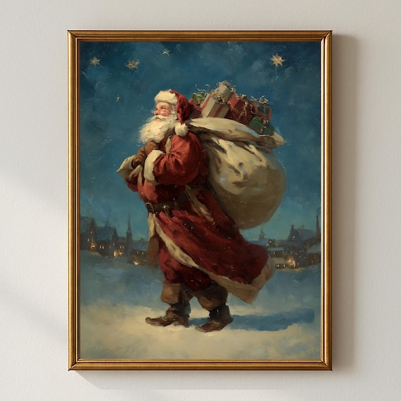Vintage Santa Claus With Gift Sack Snowy Night Christmas Wall Art