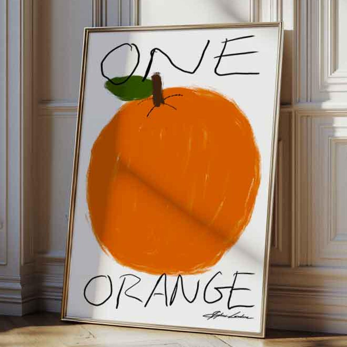 One Orange Hand Drawn Fruit Sketch Retro Kitchen Playful Art Poster