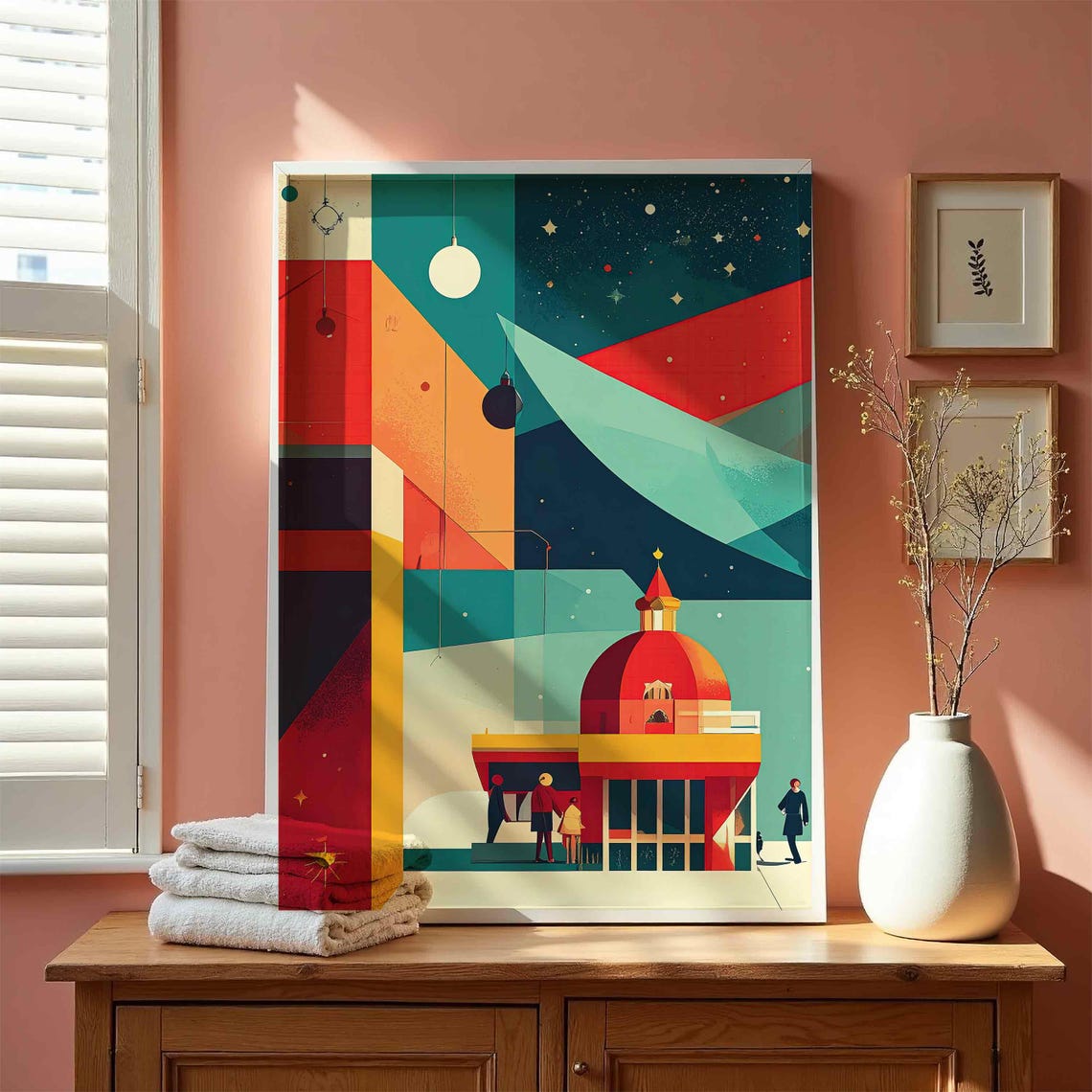 Geometric Christmas Cathedral Night Scene Modern Holiday Poster