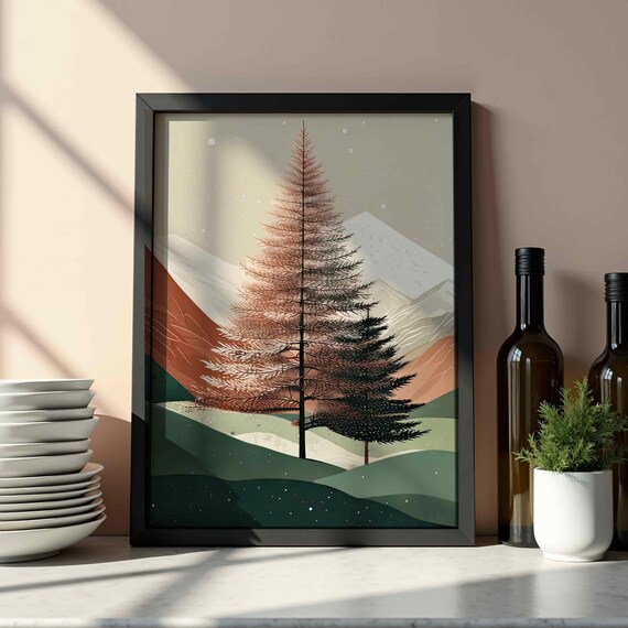 Twin Pine Trees Snowy Mountain Scene Vintage Scandinavian Winter Poster