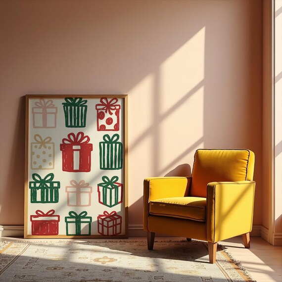 Christmas Gifts Grid Art Print Hand Drawn Holiday Presents Festive Wall Decor