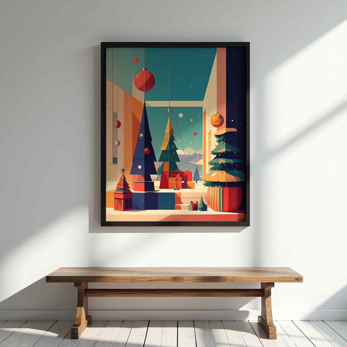 Geometric Christmas Trees Gifts Ornaments Retro Holiday Art Poster