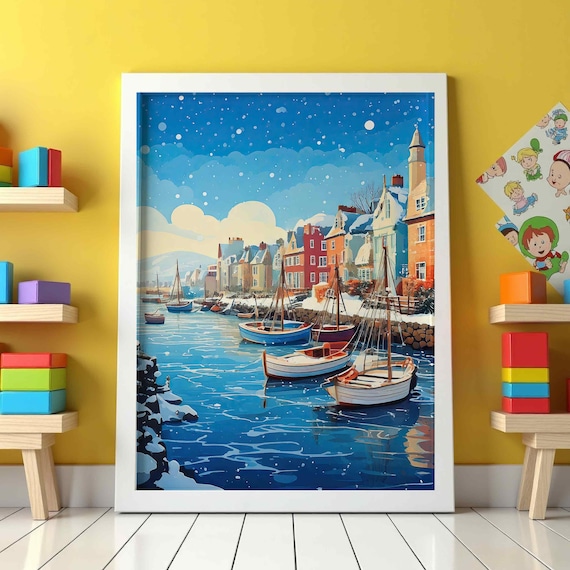 Winter Coastal Harbor Sailboats Snowy Town Starry Night Wall Art