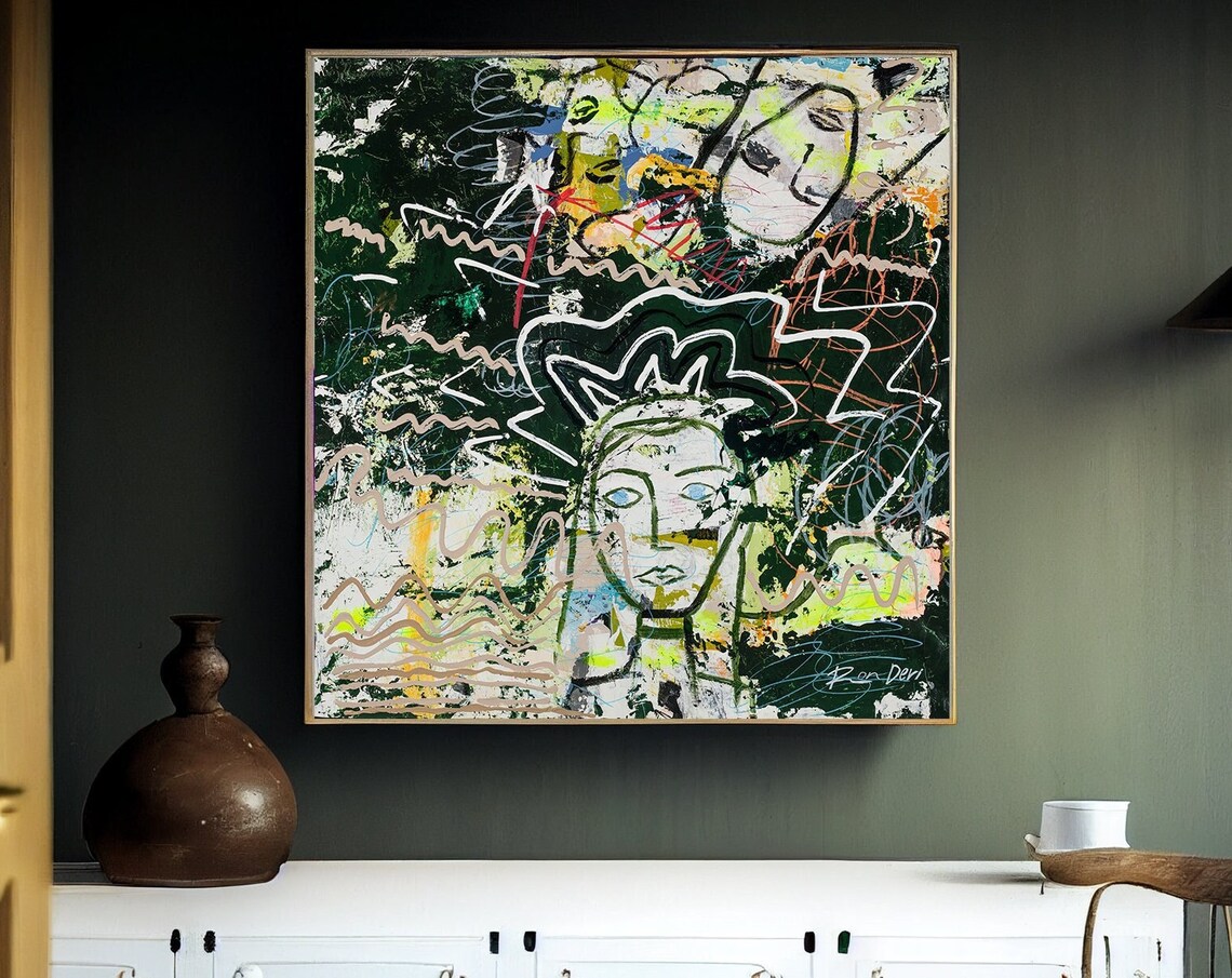 Dark Green Crowned Face Modern Abstract Painting By Ron Deri Poster