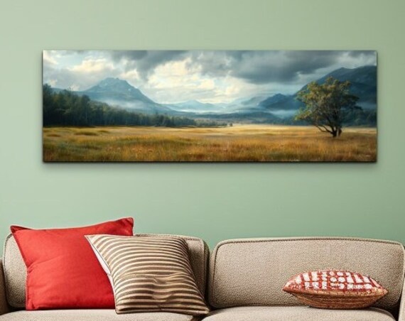 Cloudy Field Mountains Wall Art Print Panoramic Wall Decor Livingroom Ready To Hang Nature Decor Foggy Mountain Art