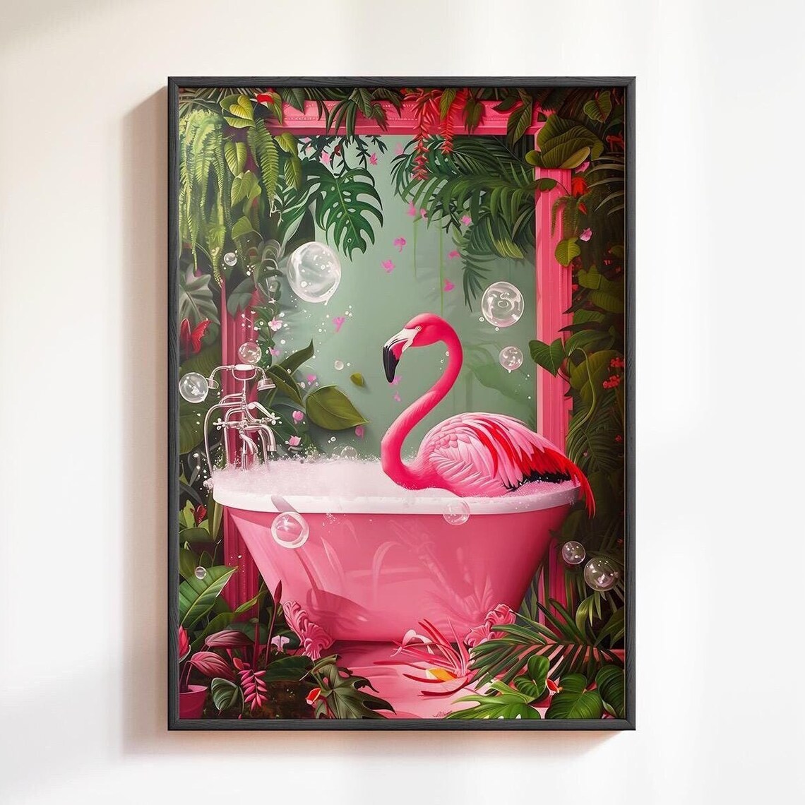 Pink Flamingo In Bathtub Funny Bathroom Art Print