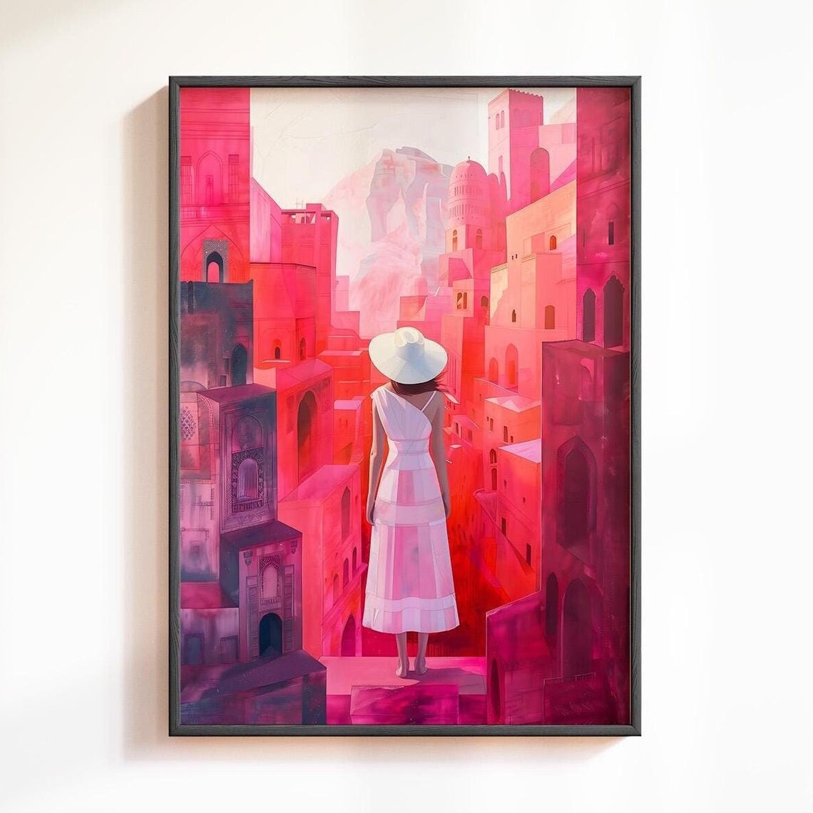 Woman White Dress Sunhat Red Moroccan Medina Cityscape Poster
