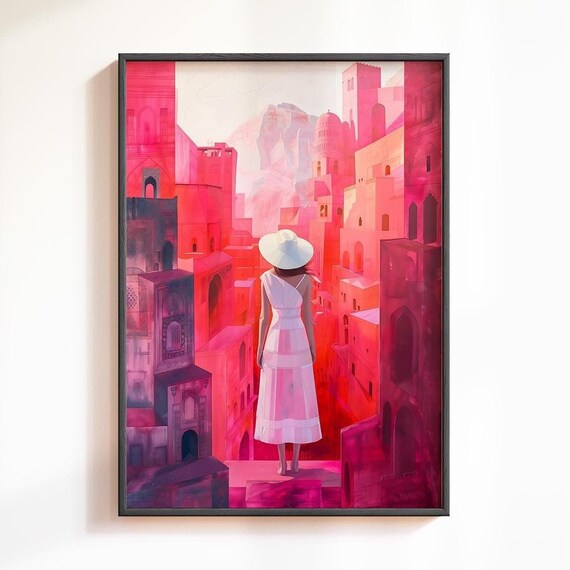 Woman White Dress Sunhat Red Moroccan Medina Cityscape Poster