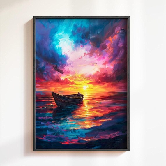 Rowboat On A Colorful Sunset Sea Impasto Oil Painting With Dramatic Clouds Poster