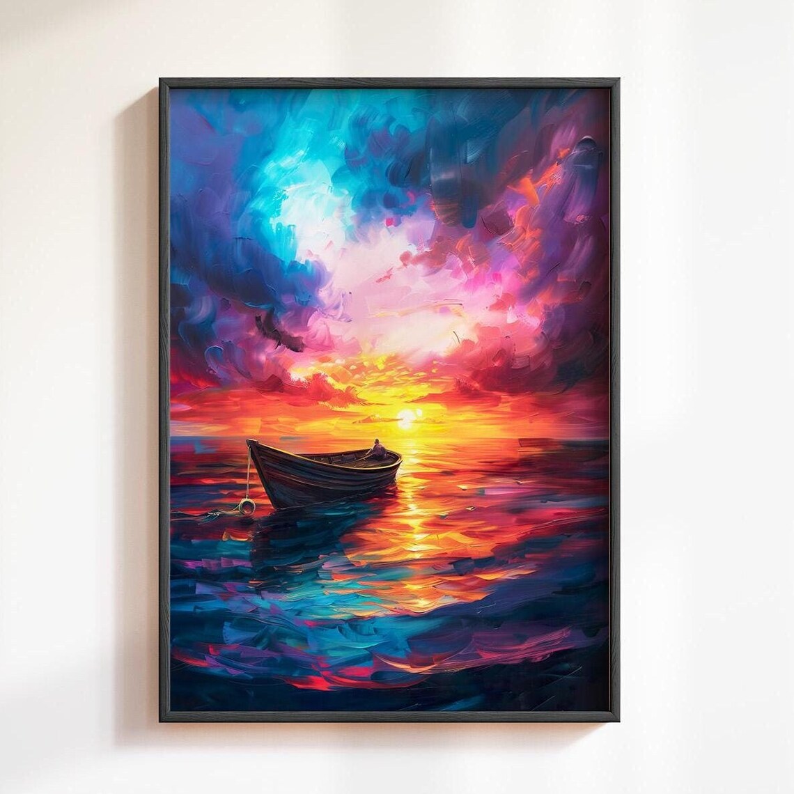 Rowboat On A Colorful Sunset Sea Impasto Oil Painting With Dramatic Clouds Poster