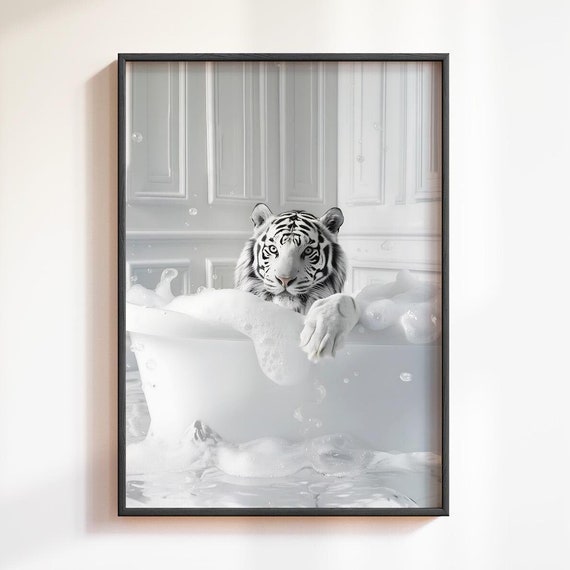 White Tiger In Bathtub Art Print Bathroom Wall Decor Bathroom Wall Art Tiger Poster Funny Posters Bathroom Prints Cheetah Poster Tiger Print