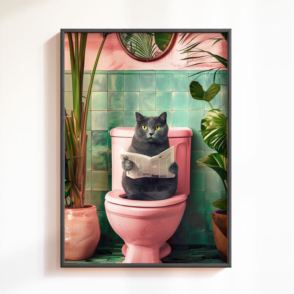 Grey Bathroom Cat Print, Funny Bathroom Decor