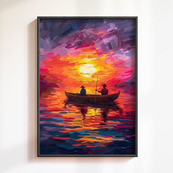 Two Fishermen In A Canoe At Sunset On A Fiery Impasto Ocean Poster