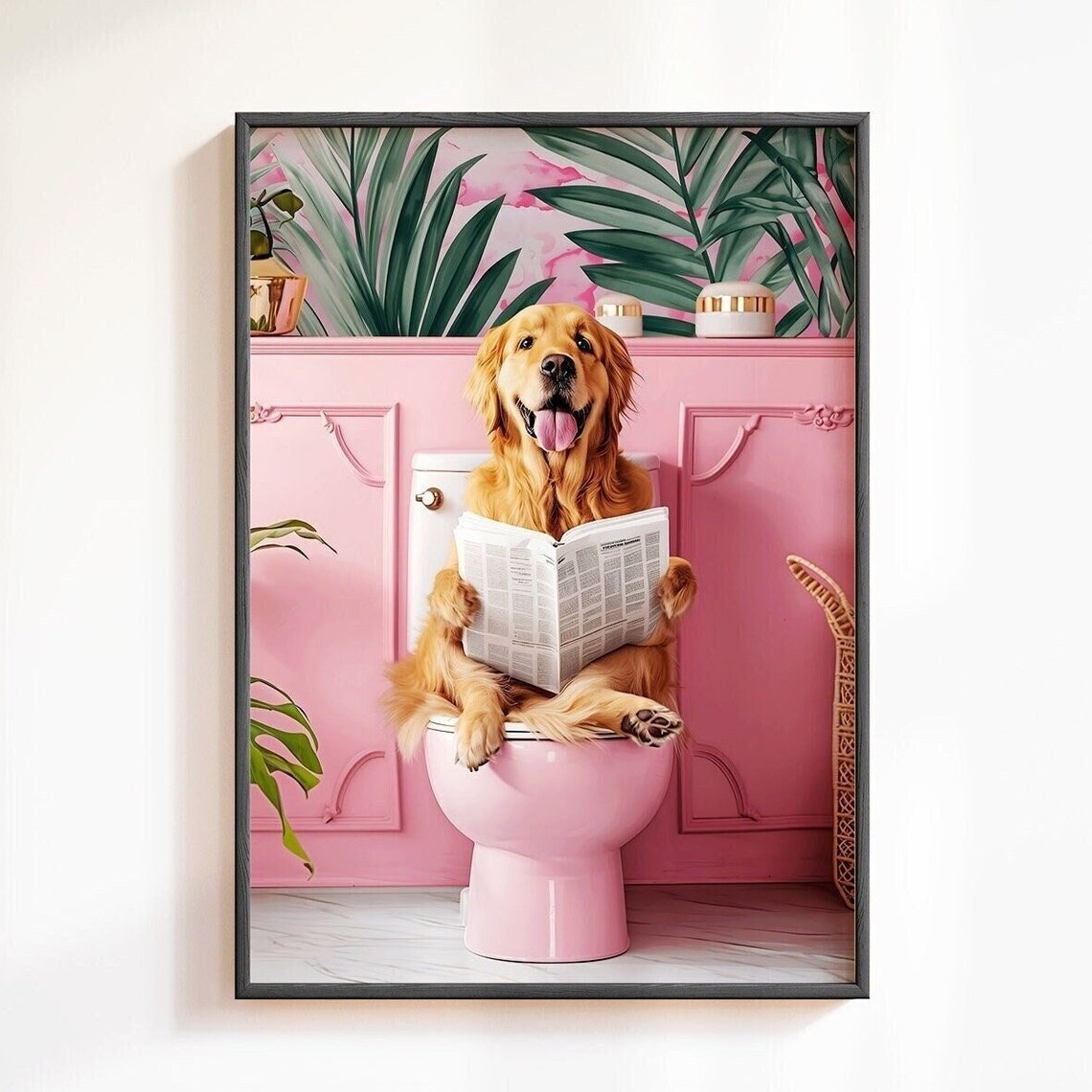 Bathroom Golden Retriever On Toilet Funny Dog Print