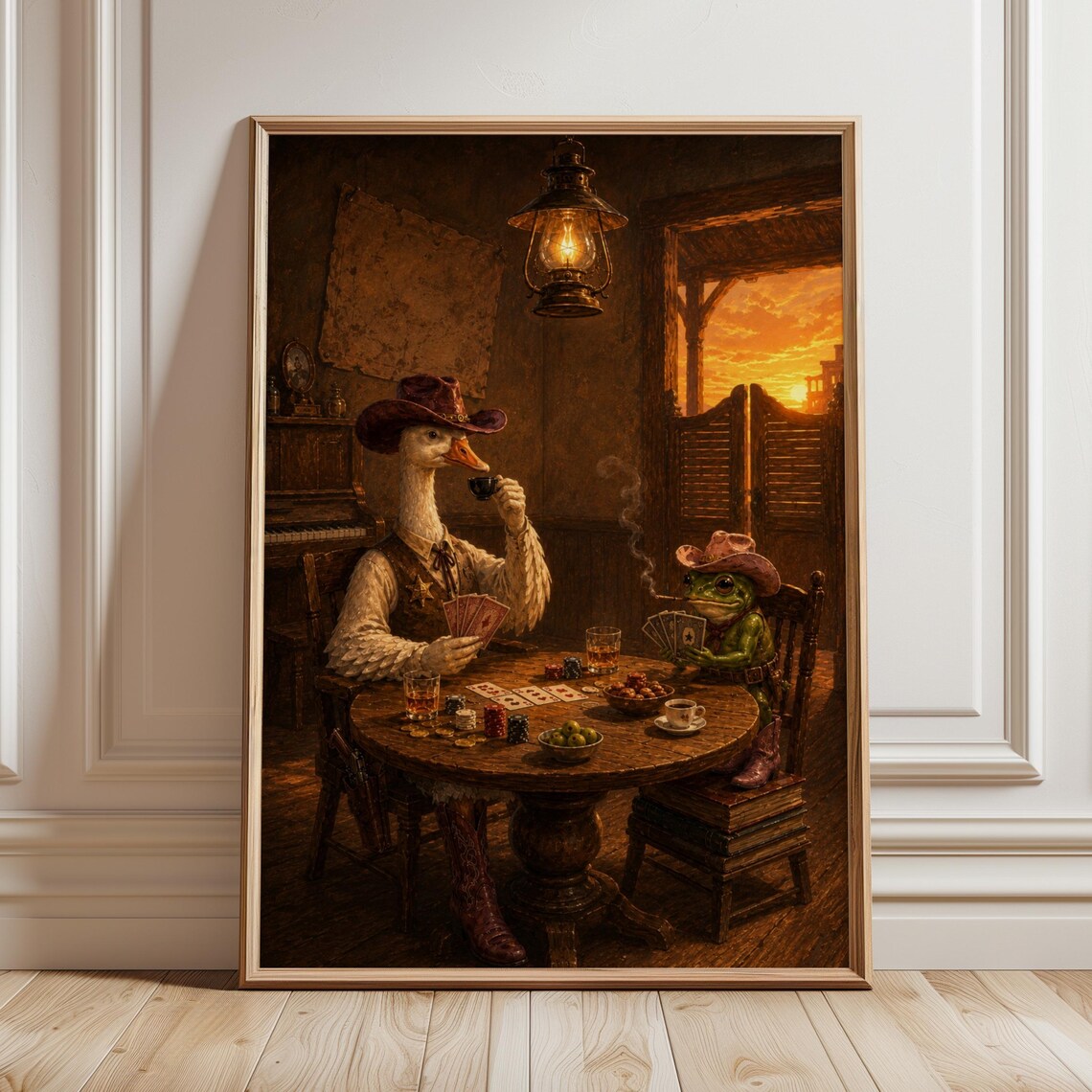 Western Saloon Goose Poker Game Frog Cowboy Funny Art Poster