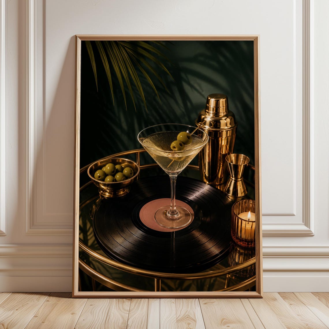 Olive Martini Poster Vinyl Record Bar Cart Gold Cocktail Shaker Emerald Home Art
