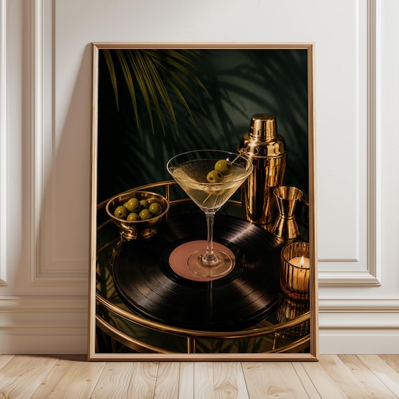 Olive Martini on Vinyl Record Gold Shaker Moody Emerald Bar Cart Poster