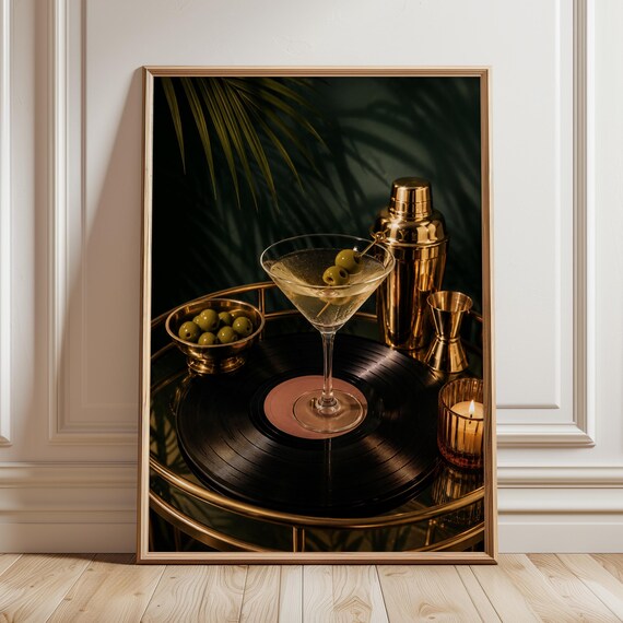 Olive Martini Poster Vinyl Record Bar Cart Gold Cocktail Shaker Emerald Home Art