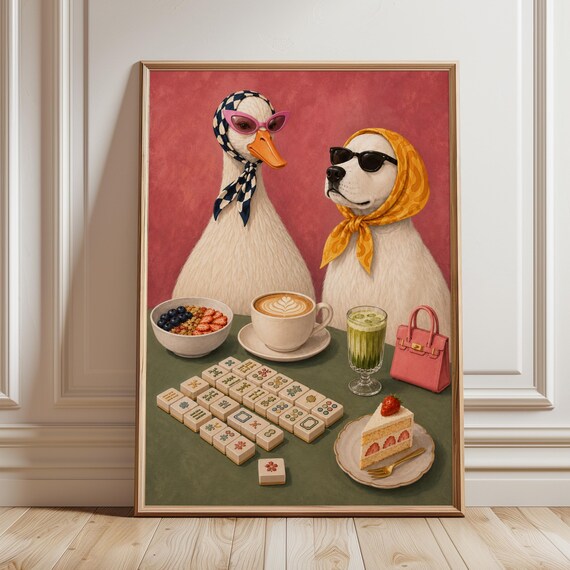 Breakfast Mahjong Poster Goose And Dog Caf Preppy Pink Whimsical Animal Wall Art