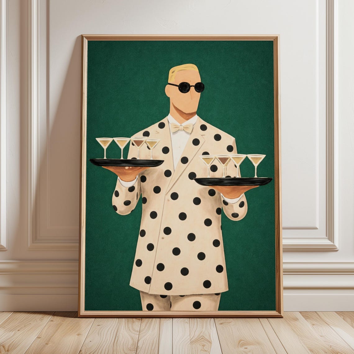 Polka Dot Waiter Poster Martini Trays Green Backdrop Minimalist Retro Bar Wall Art