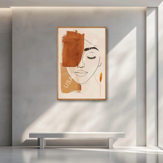 Minimalist Abstract Female Face Line Art Modern Boho Style Print Earth Tone Wall Dcor Contemporary Elegant Portrait Artwork