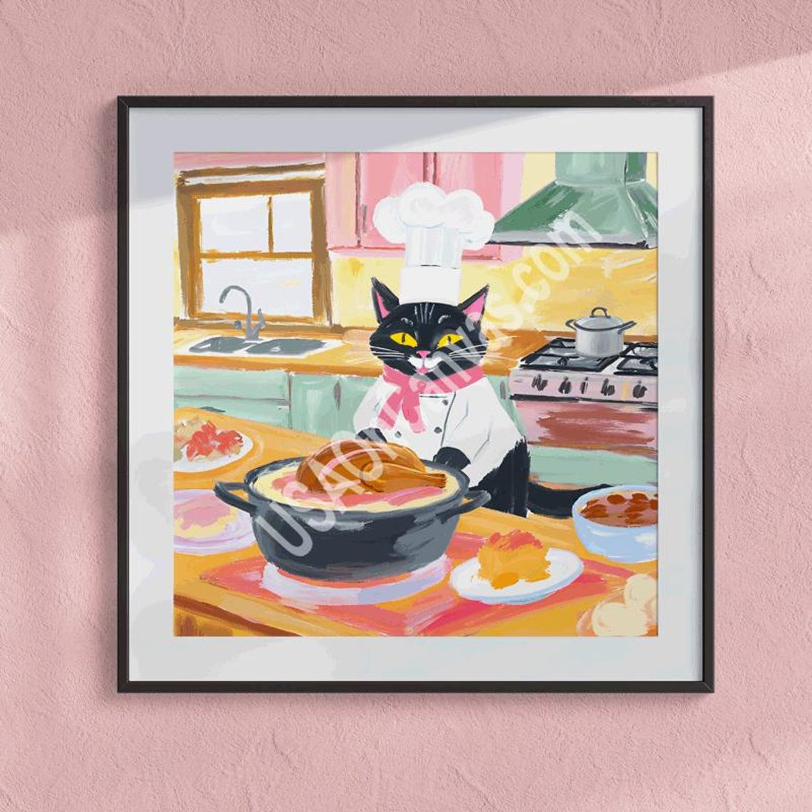 Black Cat Chef in Pink Scarf with a Steaming Stew Pot Poster