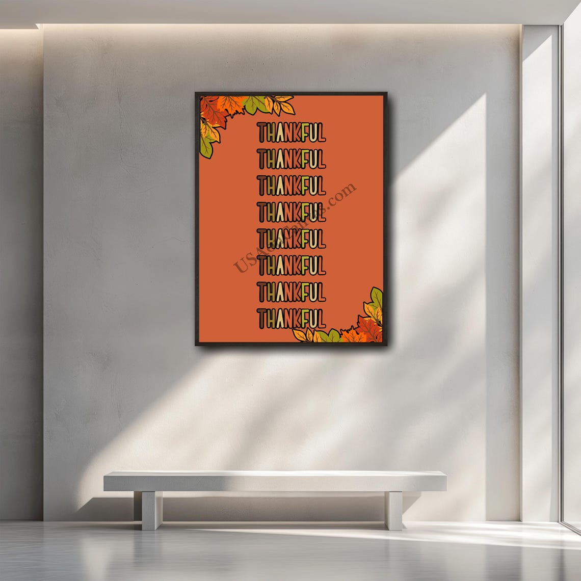 Retro Thankful Typography Repeated Quote with Fall Leaves Poster