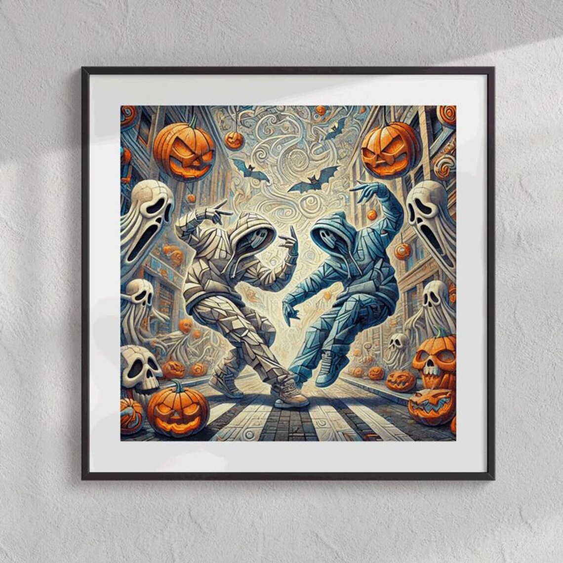 Hoodied Mummies Hip-Hop Dancing on a Haunted City Street Poster