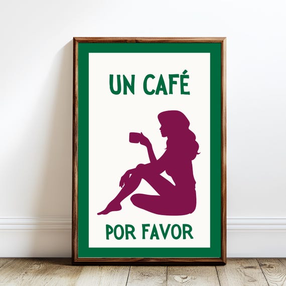 Un Caf Por Favor Spanish Coffee Quote Wall Art Minimalist Woman Silhouette Print