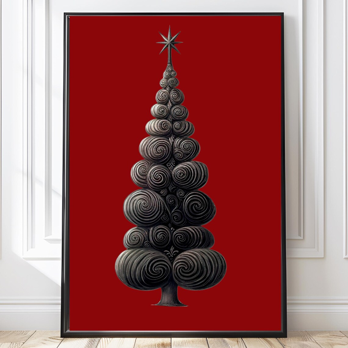 Black Sculptural Christmas Tree Swirl Spheres Star Red Background Wall Art