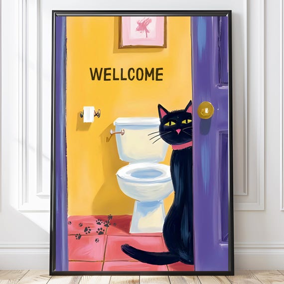Bathroom Cat Print Funny Wall Decor Room Art Toilet Humor