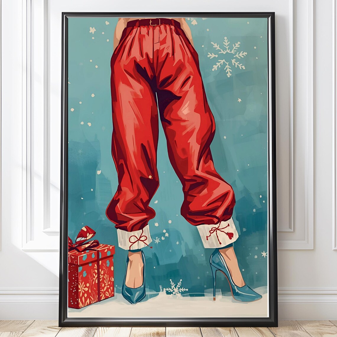 Retro Christmas Girl Red Santa Pants Blue Heels Teal Holiday Fashion Poster