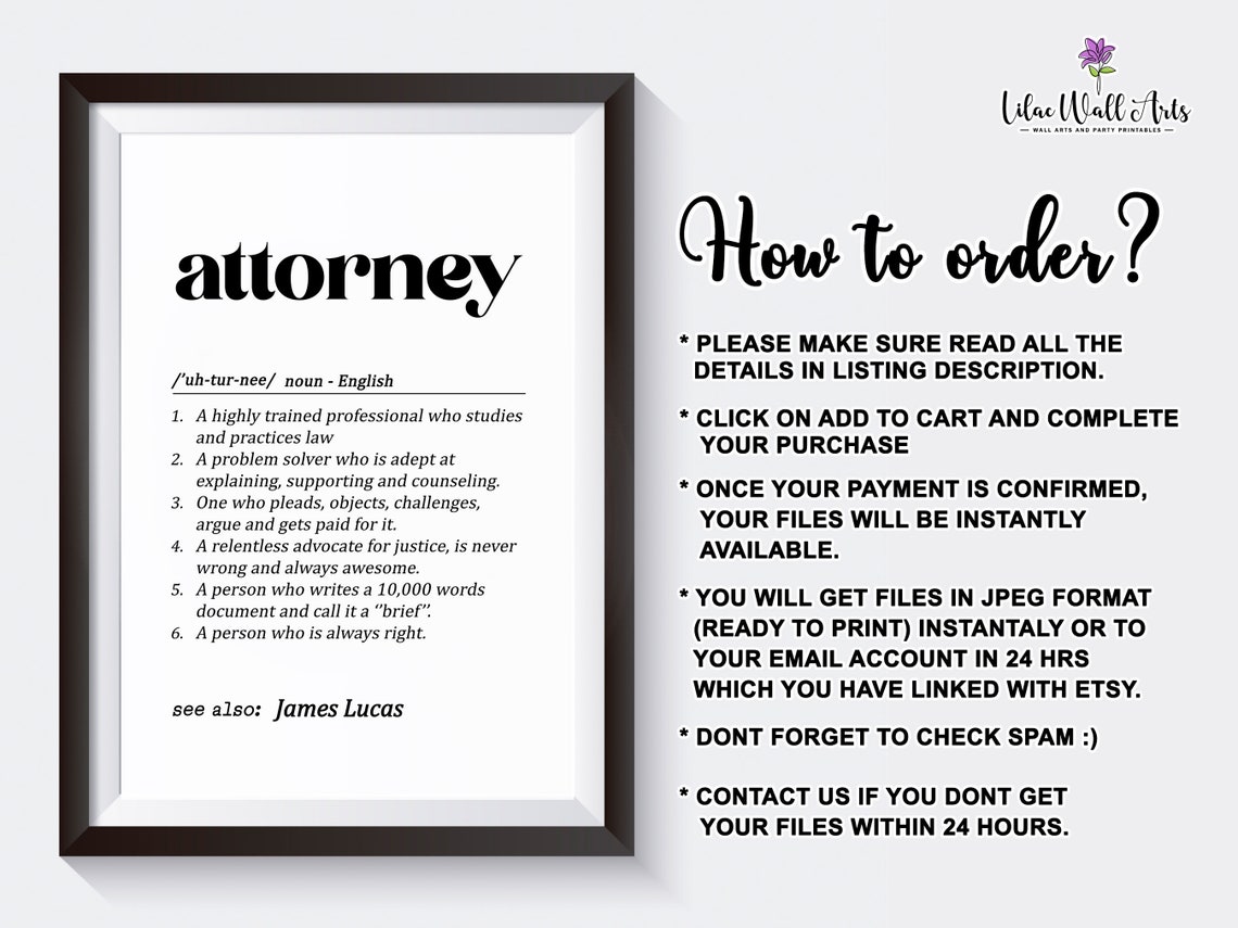 Attorney Definition Funny Lawyer Dictionary Art Typography Poster - Image 2