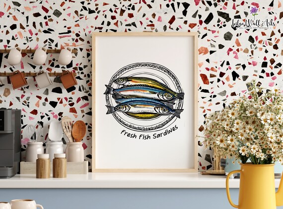Sardines Print Hand Drawn Food Art Seafood Poster Seafood Art Print Sardines Poster Tinned Fish Posters Fish Lover Gift