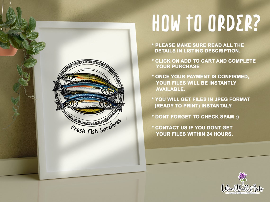 Fresh Fish Sardines Hand Drawn Kitchen Poster Seafood Plate Decor - Image 2