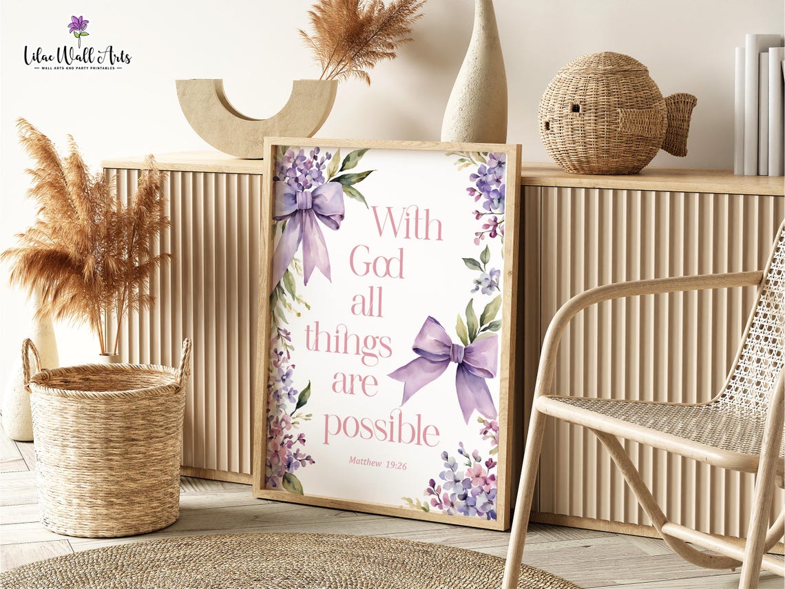 Matthew 19:26 With God All Things Are Possible Lilac Bow Poster - Image 3