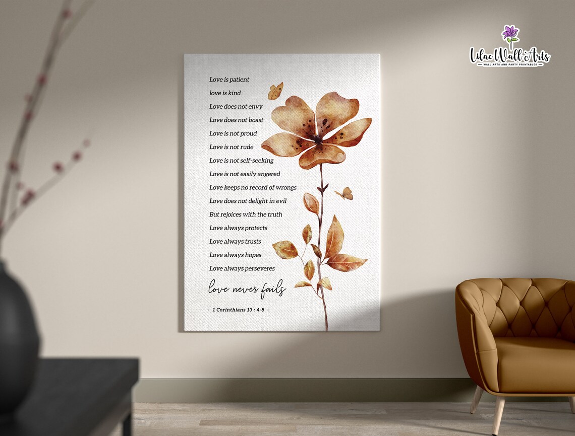 1 Corinthians 1348 Love Never Fails Brown Flower Verse Poster - Image 2