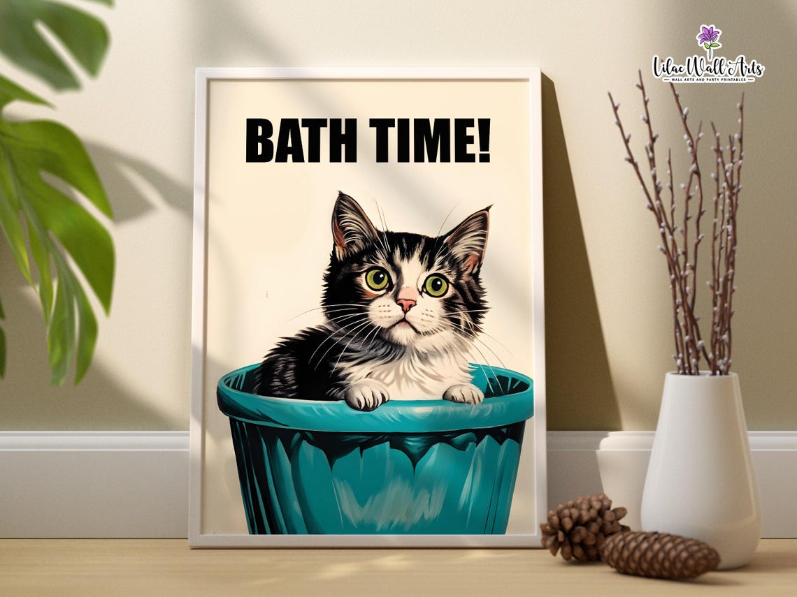 Bath Time Cat Funny Kitten In Bucket Bathroom Decor Humor Art Poster - Image 2
