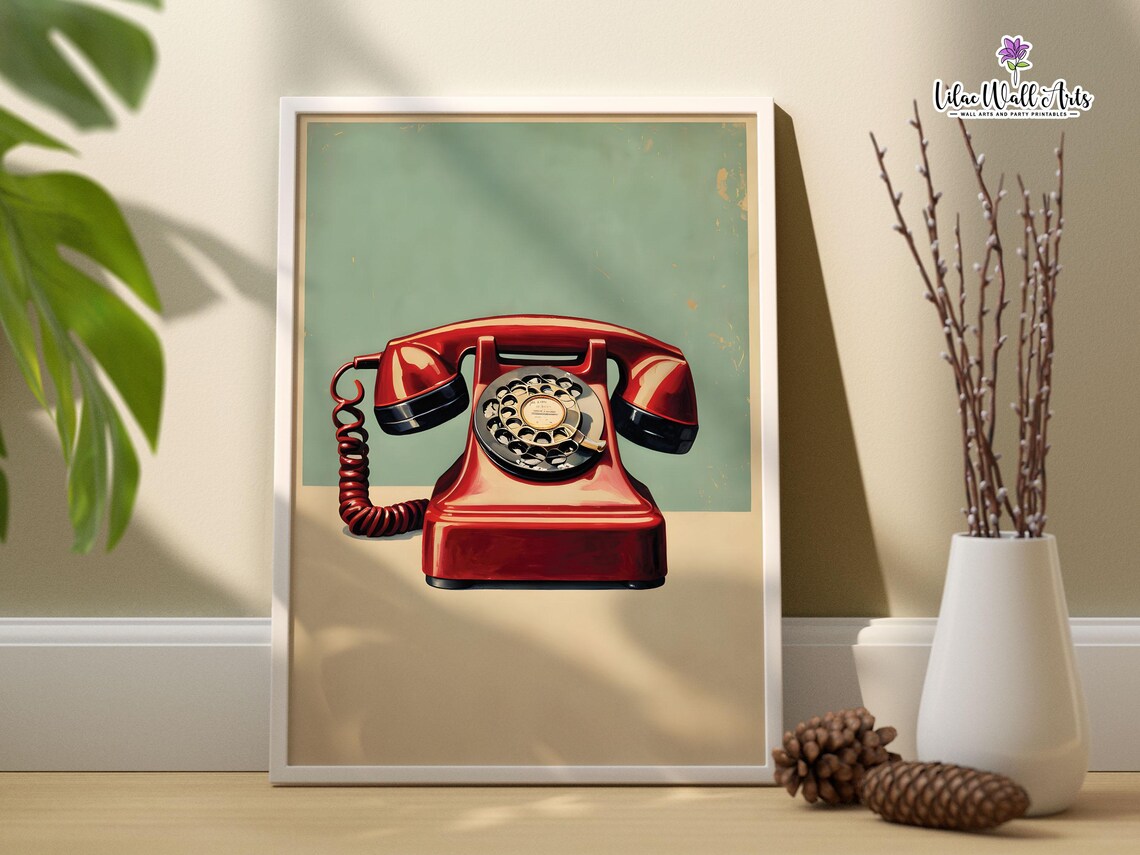 Red Rotary Phone Vintage Telephone Painting Retro Home Decor Poster - Image 3