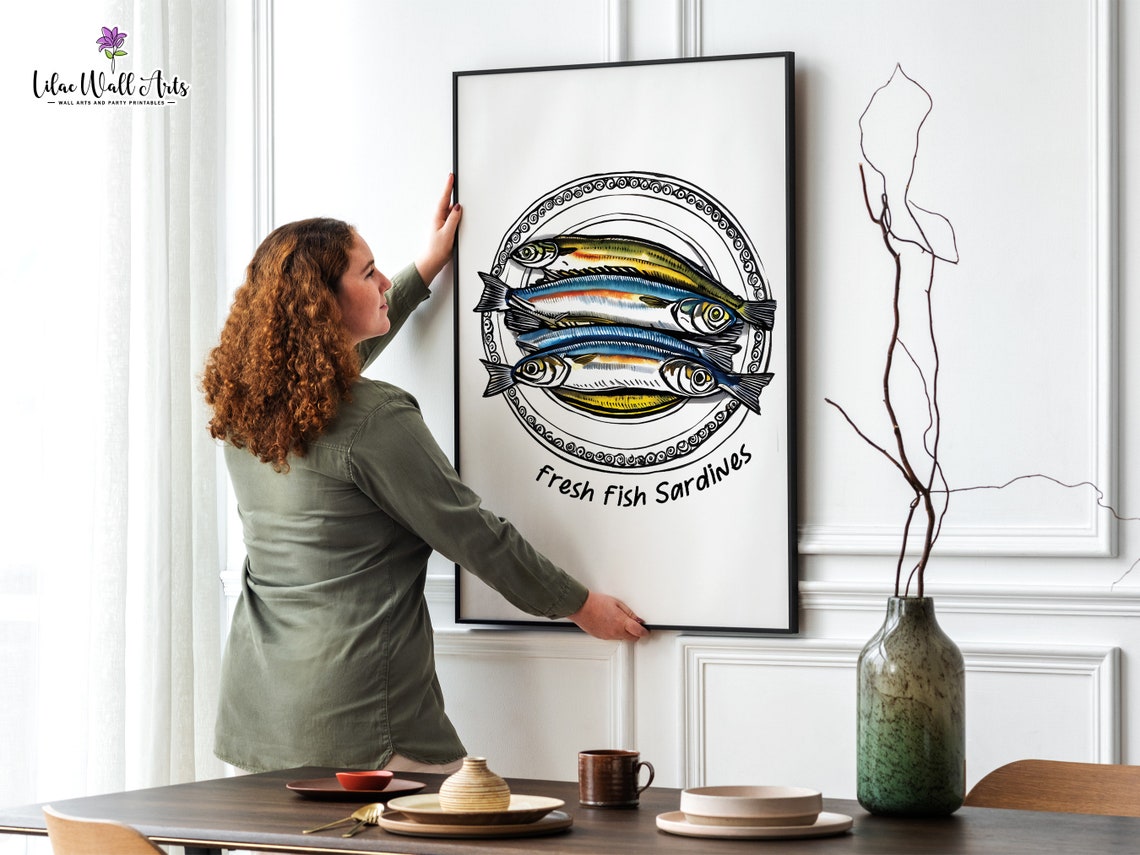 Fresh Fish Sardines Hand Drawn Kitchen Poster Seafood Plate Decor - Image 4
