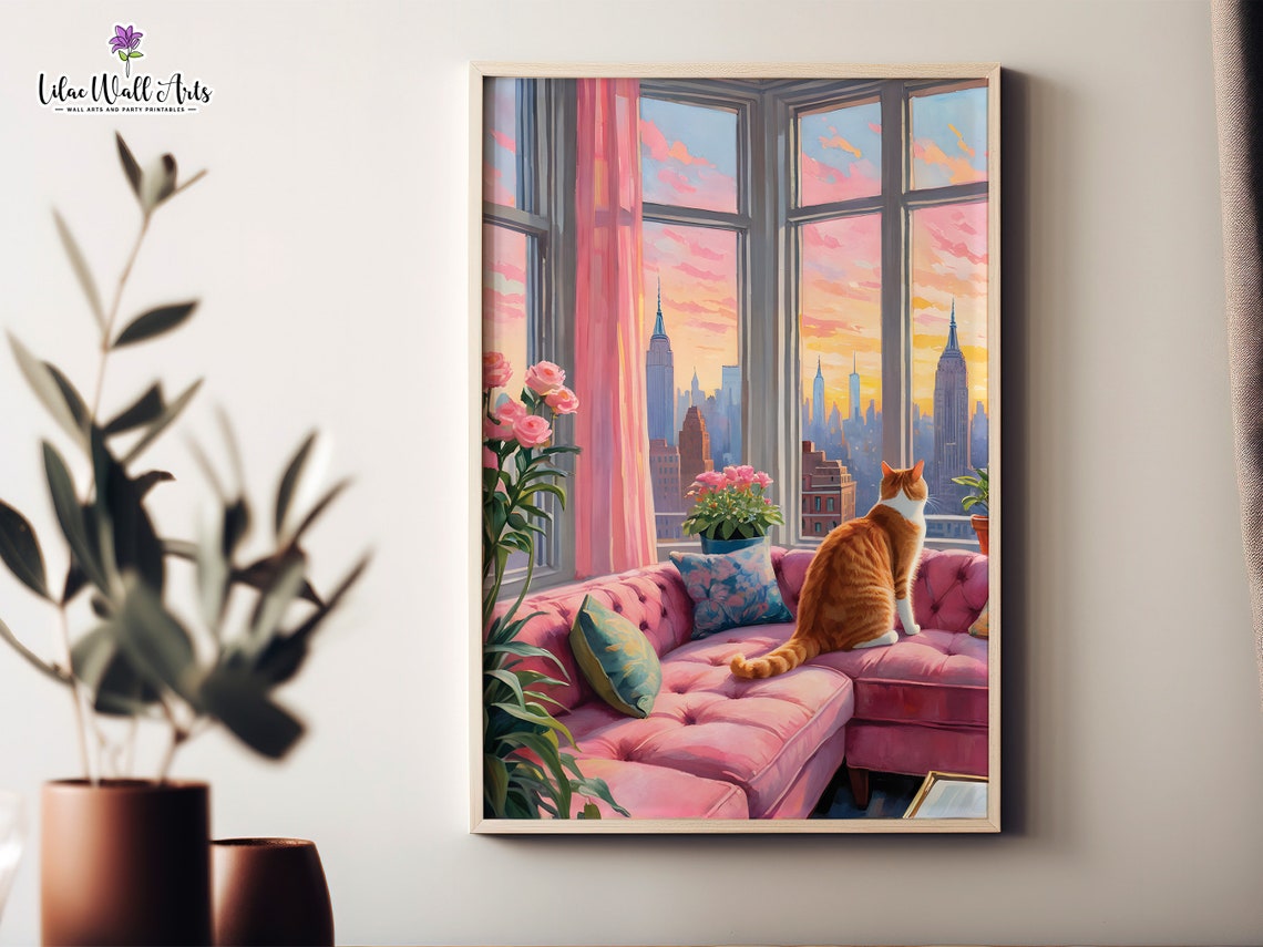 Orange Cat Pink Apartment Sunset Poster City Window Cat Art Decor - Image 4
